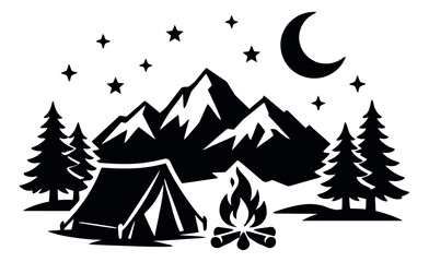 Obraz premium Black and white line art illustration of a night camping scene depicting mountains, trees, a tent, and a campfire for outdoor adventure