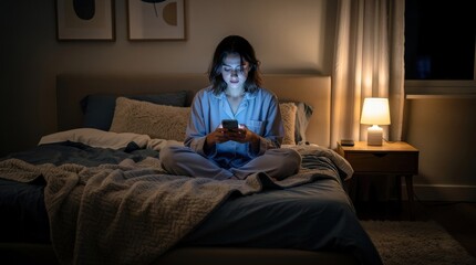 Obraz premium A woman sitting on a bed at night, engaged with her smartphone, illuminated by its light, surrounded by a cozy bedroom atmosphere.