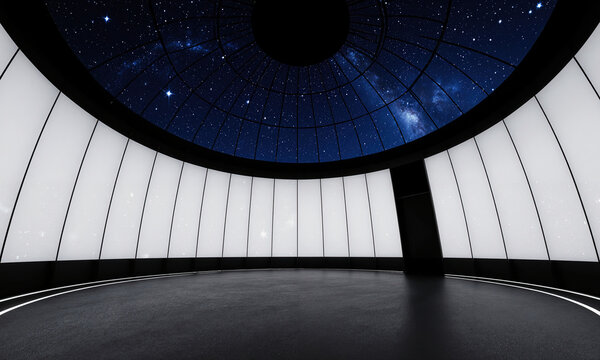 Planetarium dome stars inside a modern circular studio with glowing panels under a cosmic night sky view with copy space