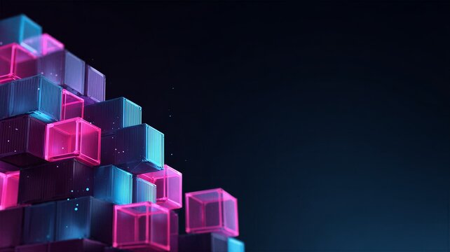 Stacked 3D translucent glowing cubes in cyan and magenta against a dark background. Concept of blockchain technology, modular logistics, cloud storage, and digital building blocks.