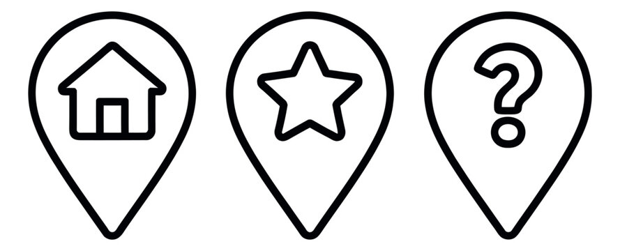 Line art map pin icons set featuring a house, star, and question mark for web navigation