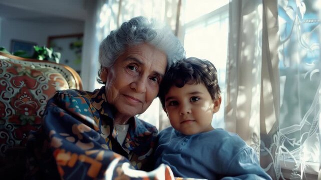 An elderly woman and a young child share an affectionate moment together in their home.