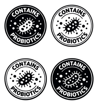 Simple graphic label set featuring probiotic organism symbols and 'contains probiotics' text for food and health products
