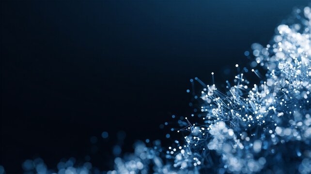 Abstract glowing blue fiber optic neurons and synaptic connections on a dark background. Concept of brain activity, neural networks, machine learning, and cognitive science.