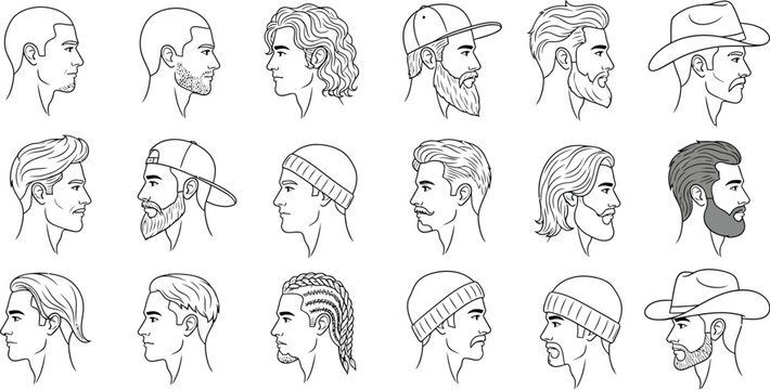 This vector graphic design illustration showcases a diverse collection of male head profiles with various hairstyles, facial hair, and headwear styles.