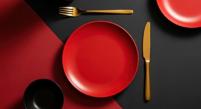Empty red plate with gold fork and knife on a black and red background
