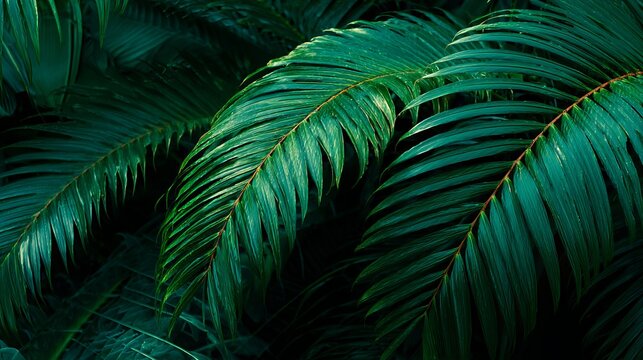 A close-up view of vibrant green palm leaves in a lush tropical environment