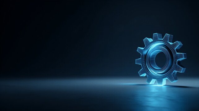 3D glowing wireframe gear icon standing in a dark virtual space with soft reflections. Modern technical symbol for process optimization, settings, and digital engineering.