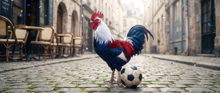 Proud rooster with blue white and red feathers standing next to a soccer ball on a cobblestone street, French national sports team concept, creative football mascot, funny animal.