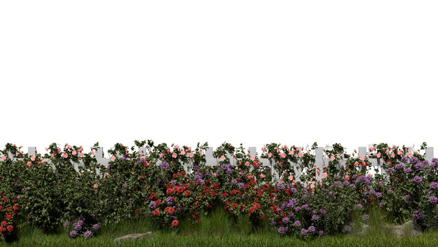 Flowers of various colors bloom along a white fence. Green grass covers the ground, adding life to the garden. scene shows a mix of bright colors under a clear sky. 3d render