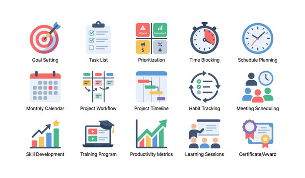 Productivity and scheduling icons showing planning and time management