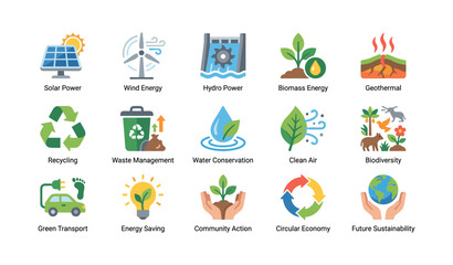 Fototapeta premium Renewable energy and conservation icons on white background