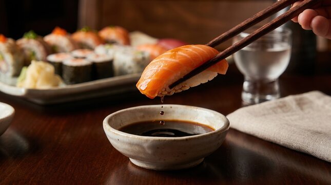 Wooden chopsticks holding a fresh salmon nigiri dipping it into soy sauce with a falling drop in a restaurant, traditional Japanese cuisine, delicious seafood meal, dining lifestyle.