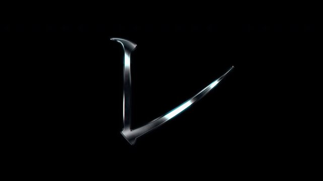 Silver metallic Japanese Katakana "レ". Alpha channel. Serif font. Seamless loop video