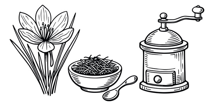 Hand drawn line art saffron set featuring a crocus flower, saffron threads, spoon, and grinder for cooking and health benefits