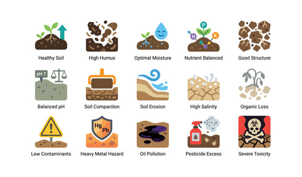 Soil condition icons illustrating health and contamination states