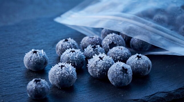 A close-up of sugary blueberries spilled from a plastic bag onto a dark surface