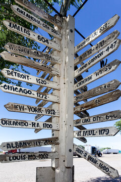 Weathered Signpost Pointing to American Cities