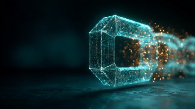 Single cyan glowing wireframe chain link dissolving into golden data particles. Concept of blockchain evolution, smart contract execution, and digital transformation in technology.