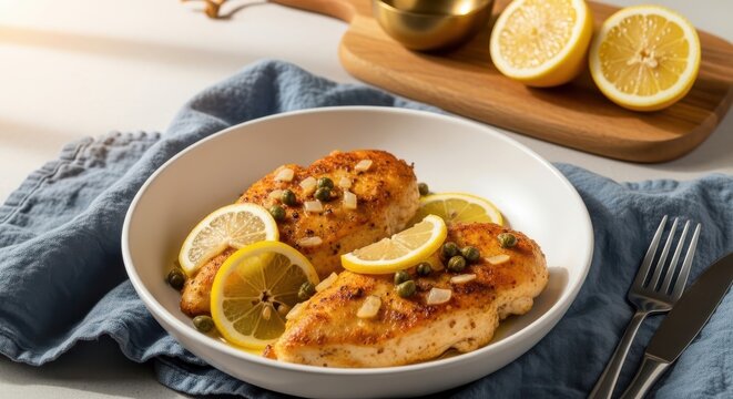 Delicious chicken piccata with lemon and capers in a white bowl
