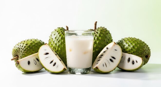 Chilled glass of soursop juice surrounded by whole exotic guanabana fruits and juicy white slices on a bright background, healthy and fresh, green, ice, cream