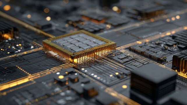 Top-down view of an intricate golden microprocessor on a dark circuit board with glowing traces. Concept of elite computing power, high-performance hardware, and semiconductor engineering.