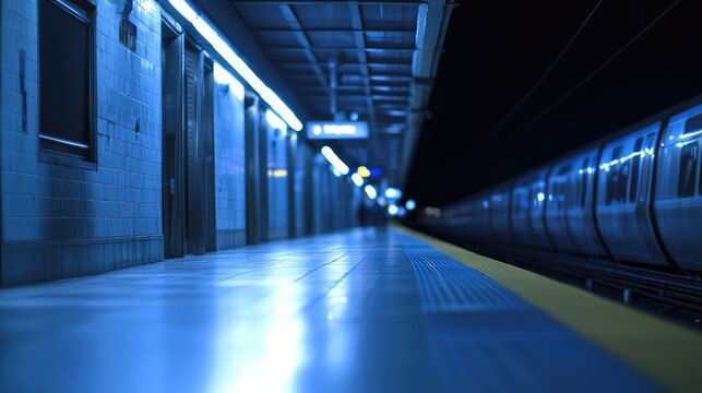 Empty subway station platform with a train arriving, illuminated by blue electric lights creating a cool, moody atmosphere in the quiet urban underground