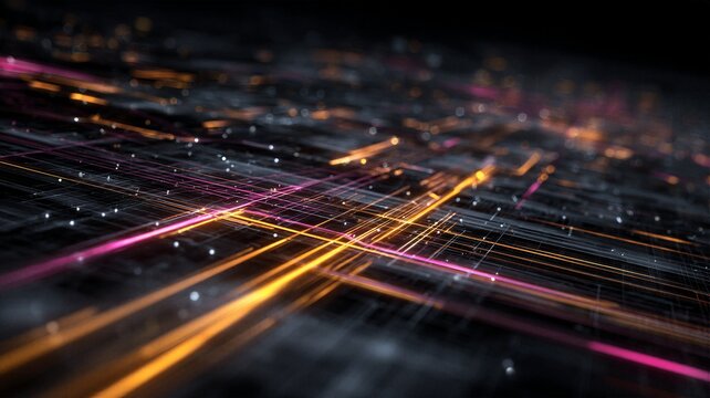 Dynamic grid of glowing digital lines in magenta and orange over a dark motherboard. Concept of high-speed data traffic, technical analysis, and fiber optic communication.