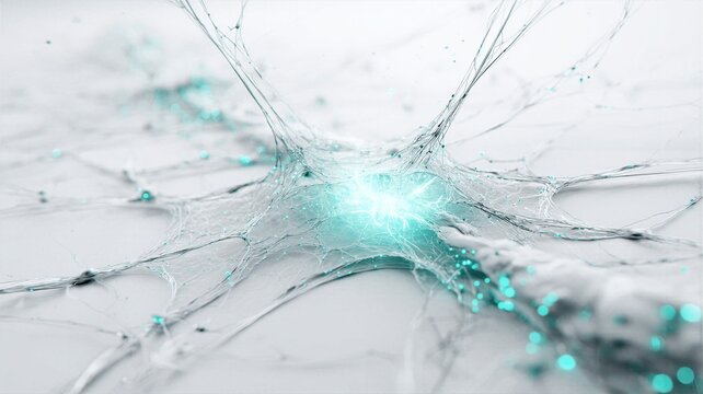 Microscopic view of a glowing cyan neural synapse with complex branching filaments on a clean white background. Concept of brain activity, cognitive research, and biotechnology.
