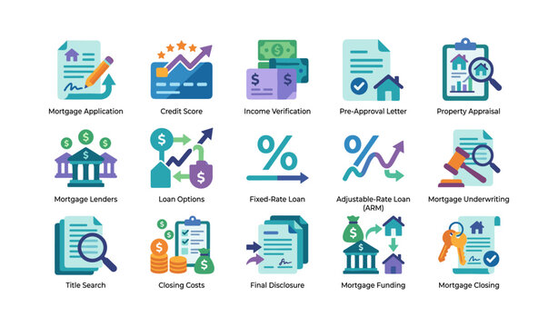 Mortgage process icons illustrating lending steps and documents grid