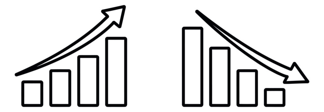 Line art bar graph icon set featuring upward and downward trend arrows for business analysis