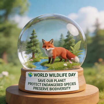 world wildlife day, fox in snow globe, save planet