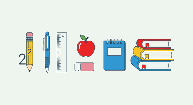 School supplies and books arranged neatly.