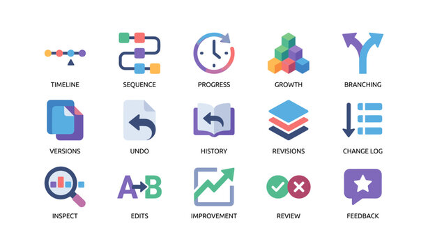Workflow and version control icons arranged on white grid