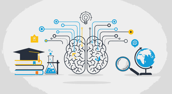 Brain with education and science icons.