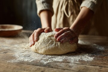 Fototapeta premium Female Hands Kneading Rustic Bread Dough in Warm Light Homemade Baking Scene
