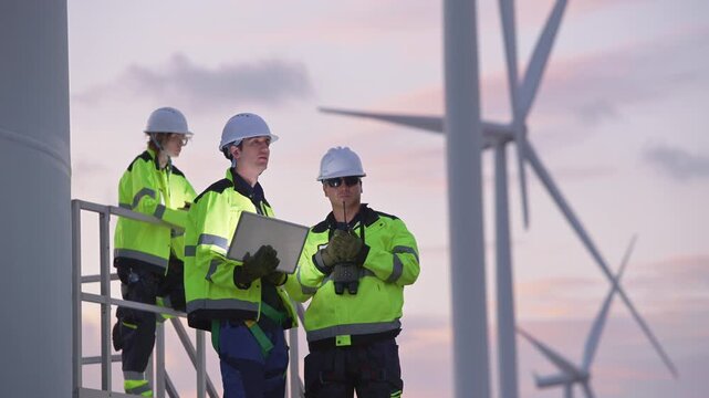 Engineers wearing safety helmets and jackets inspecting a wind turbine at wind farm at sunset. Concept renewable energy, sustainable technology wind power maintenance and environmental engineering.