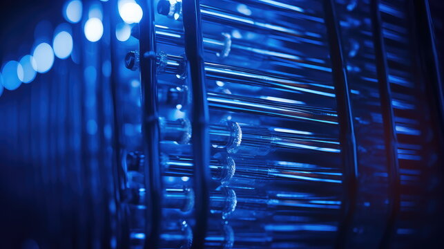 Abstract blue metallic pipes reflecting light and glowing, forming a futuristic high tech grid of parallel lines and depth suggestive of cooling, data and energy systems