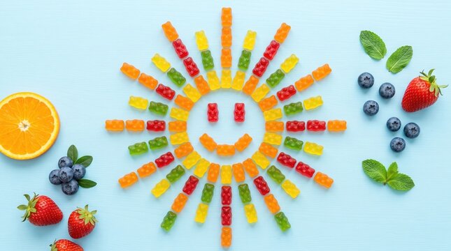 Colorful gummy bear vitamins arranged in a smiling sun shape with fresh berries on a blue background, creative children healthcare supplement and healthy immunity concept.