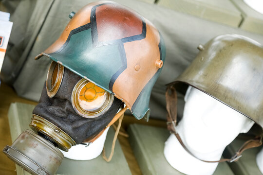 Vintage World War I helmet and gas mask display
