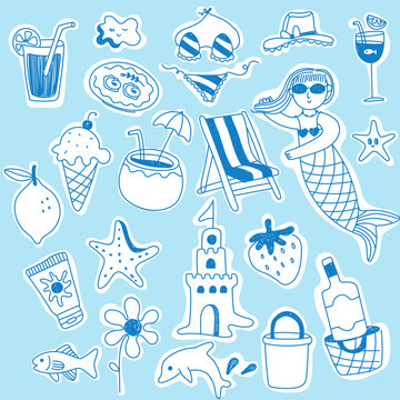 seamless pattern with accessories summer beach blue waves 