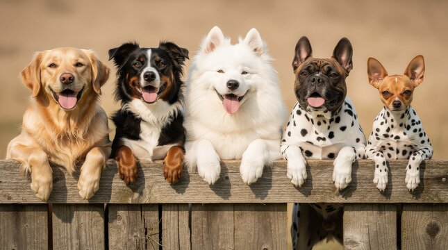 A cheerful lineup of five dogs of different breeds happily posing together on a wooden fence, showcasing their playful personalities.
