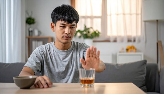 Man shows refusal to alcohol, sobriety choice. A man raises a stop hand to a glass at home, showing abstinence resisting temptation choosing health amid addiction