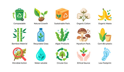 Fototapeta premium Sustainable packaging and material icons on white background