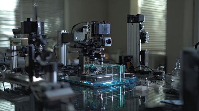 Advanced scientific equipment scanning electronic microchip in laboratory
