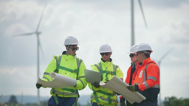 Engineers wearing safety helmets and jackets inspecting a wind turbine at wind farm at sunset. Concept renewable energy, sustainable technology wind power maintenance and environmental engineering.