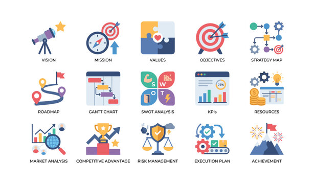 Business strategy icons arranged across white background grid