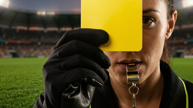 Female referee showing yellow card during soccer match on field  