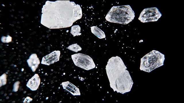 Slow motion footage of clear quartz crystals and mineral fragments exploding against a black background with cinematic lighting, scientific laboratory macro shot of gemstones.