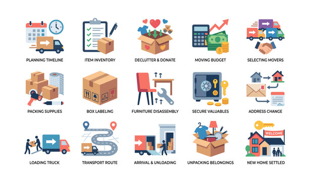 Moving preparation icons showing tasks for house relocation